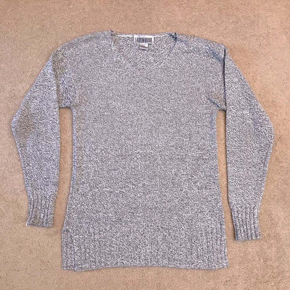 Vintage 90s Lauren Brooke V Neck Tunic Sweater Size M Grey Black Knitwear Neutra